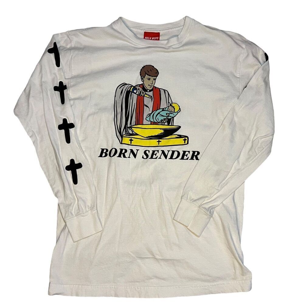 NELK Boys Born Sender Full Send Long Sleeve T Shirt Small White Tee